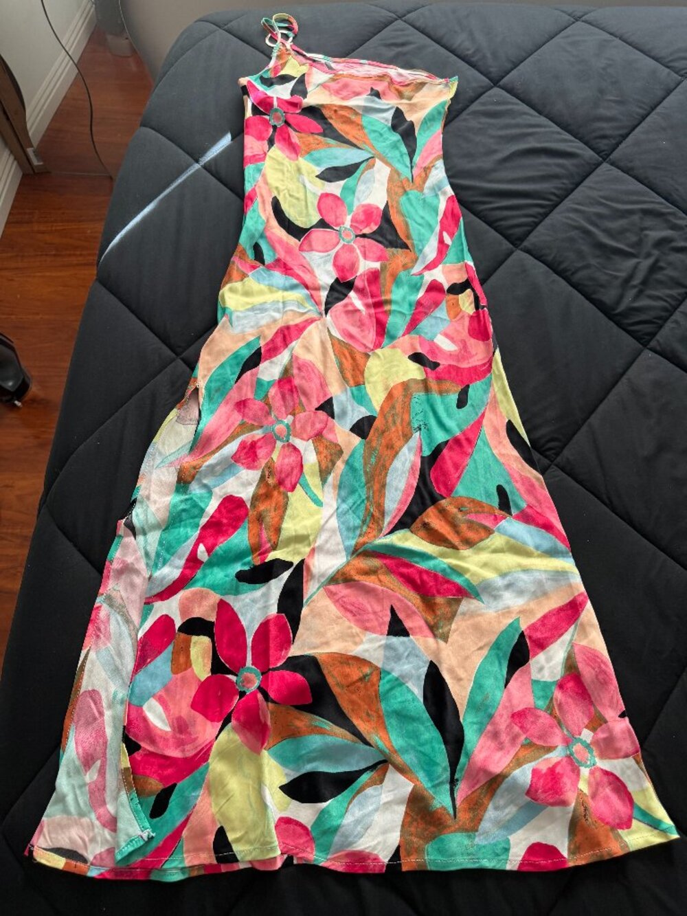 Forever 21 Abstract Floral One-Shoulder Satin Midi Dress | Pink Multi